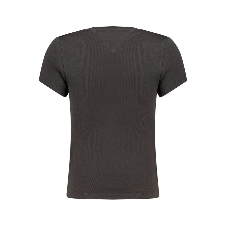 Black ribbed cotton women's short-sleeve t-shirt with a round neckline and round chest logo