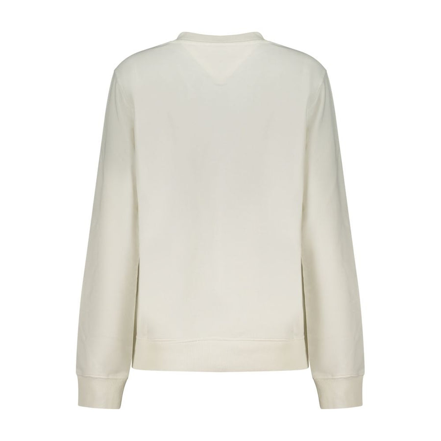 White cotton women's crewneck sweatshirt with small red text on the chest
