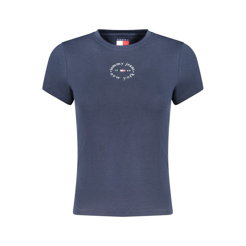 Blue ribbed cotton women's short-sleeve t-shirt with round neck and circular logo on chest