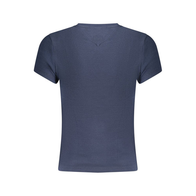 Blue ribbed cotton short-sleeve women's t-shirt from behind
