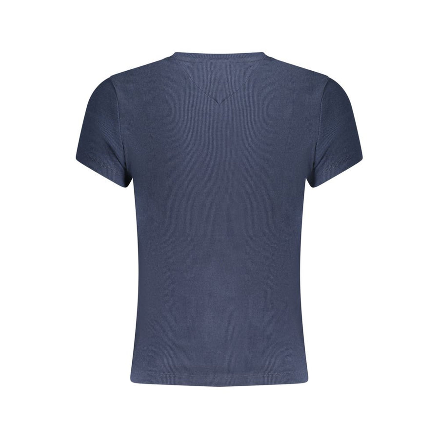 Blue ribbed cotton women's short-sleeve t-shirt with round neck and circular logo on chest