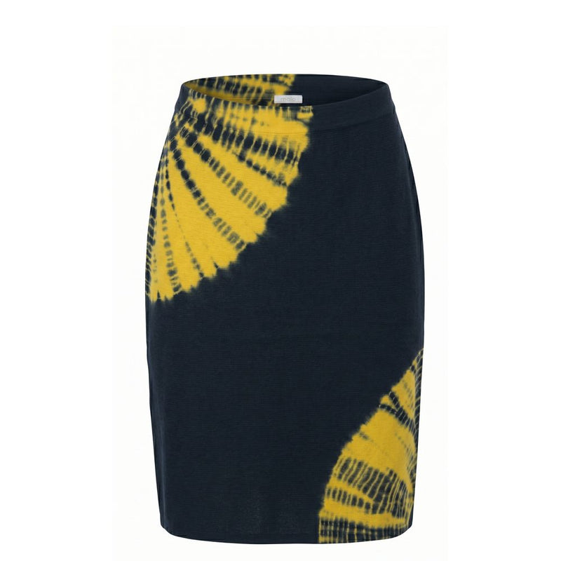 Yellow and dark blue cotton knit pencil skirt with a tie-dye pattern