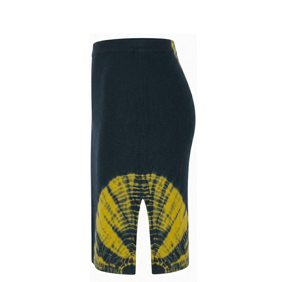 Yellow and dark blue cotton knit pencil skirt with a tie-dye pattern