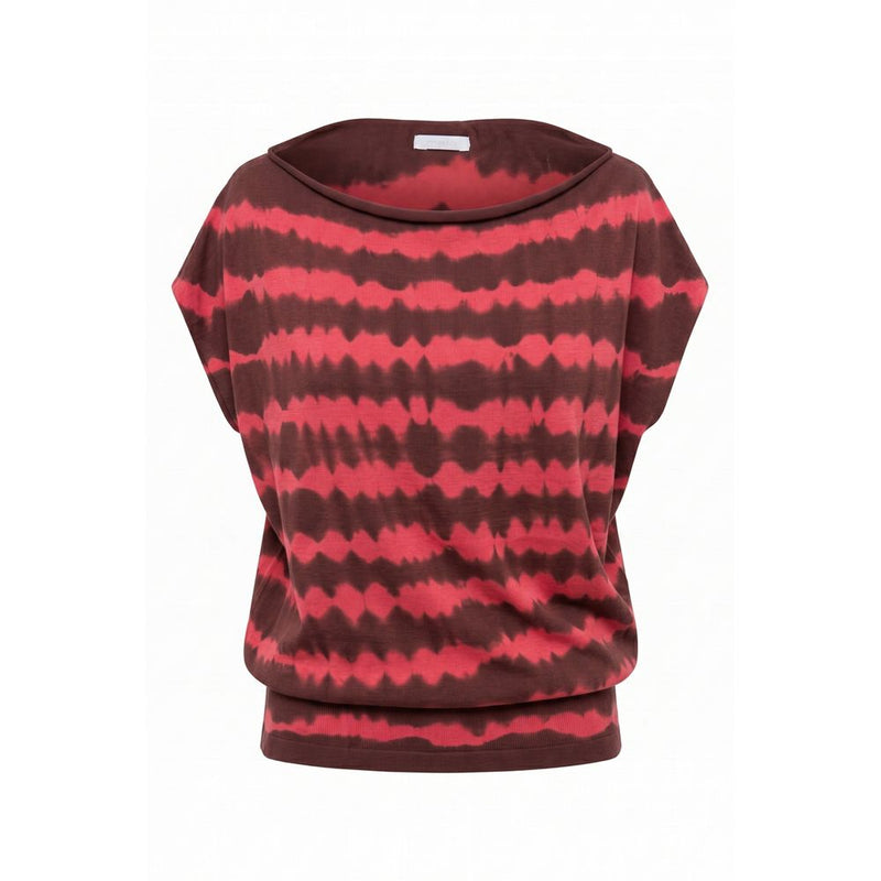 Brown and red tie-dye cotton women t-shirt with boat neckline and short sleeves