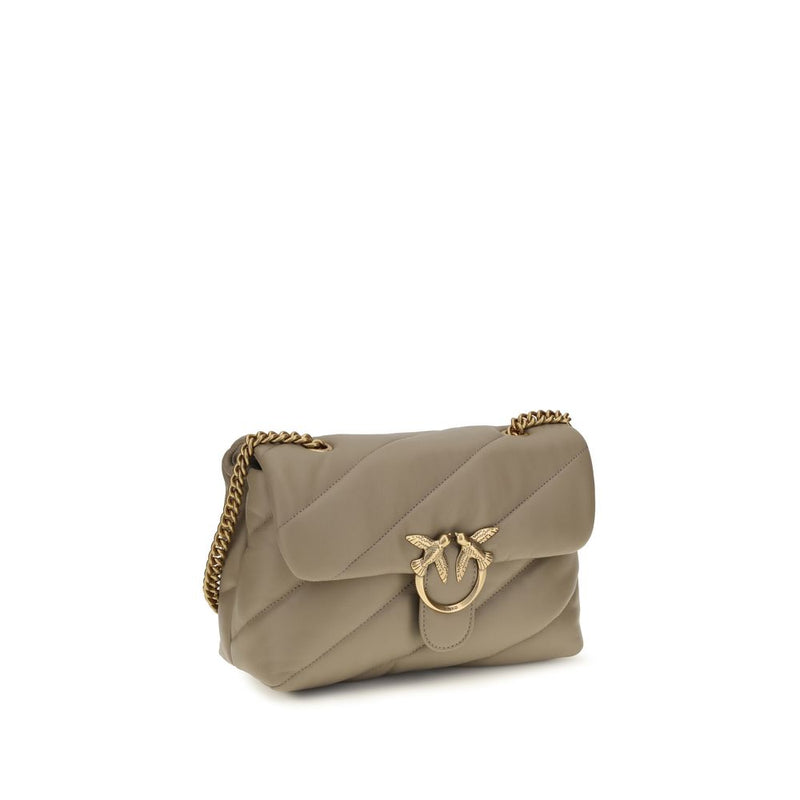 Gray quilted leather shoulder bag with a gold chain strap and interlocking bird clasp