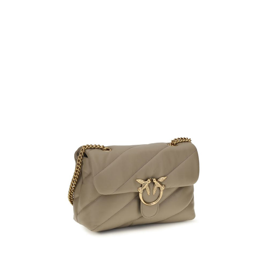 Quilted gray calf leather shoulder bag with a gold chain strap and interlocking bird clasp