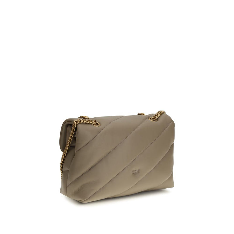 Quilted gray leather shoulder bag with a gold chain strap and diagonal stitching details