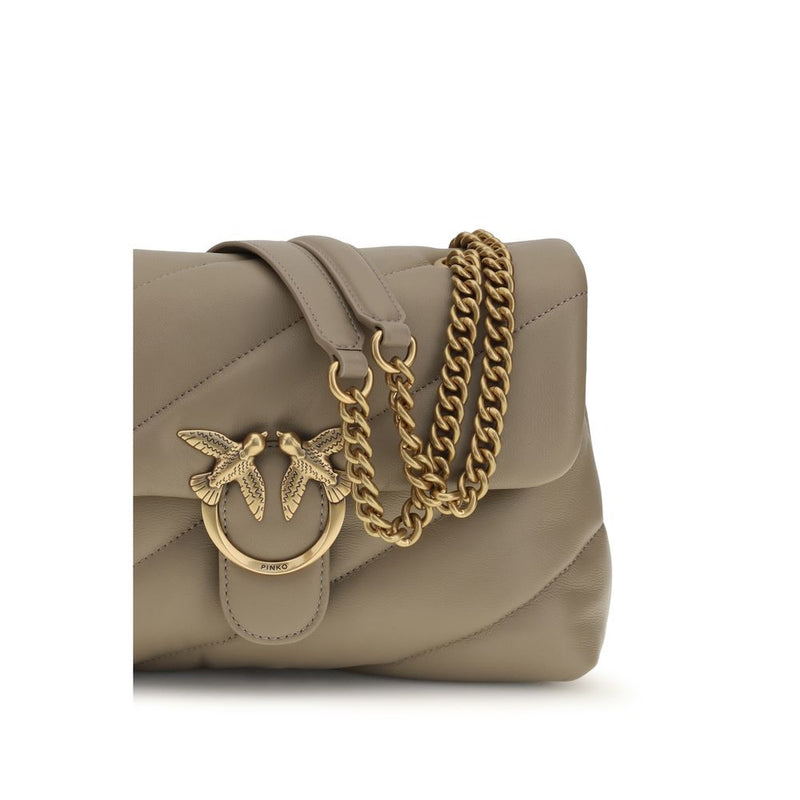 Gray quilted leather shoulder bag with a gold chain strap and metal bird clasp