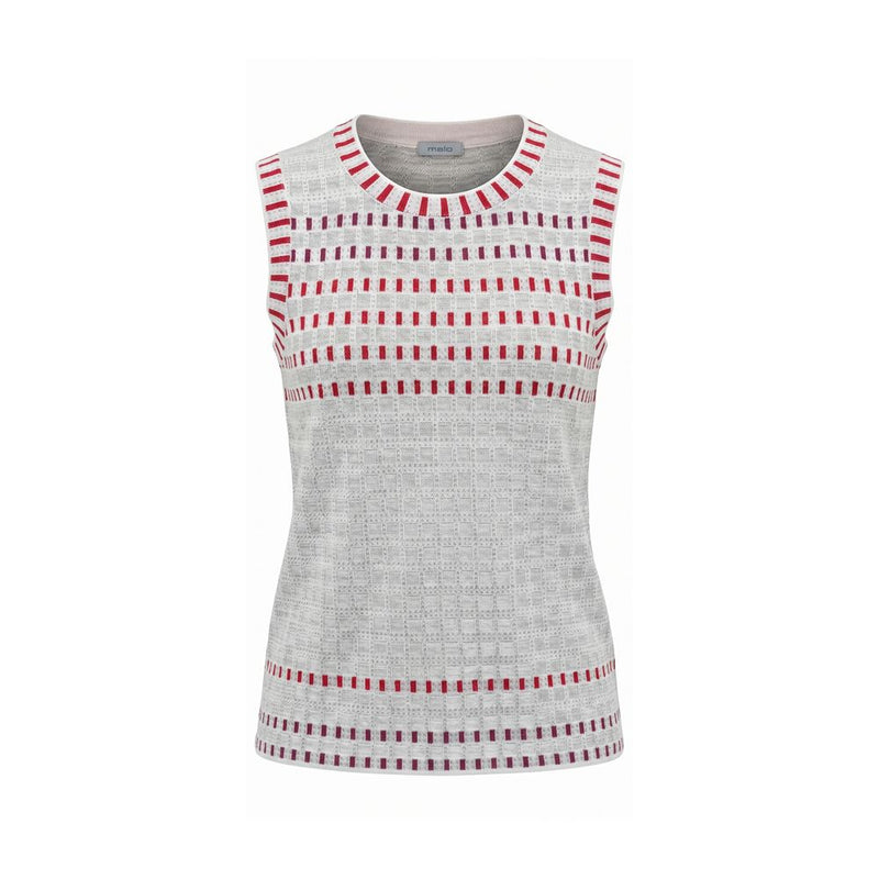 Grey silk sleeveless knit sweater with red and maroon dash stripes