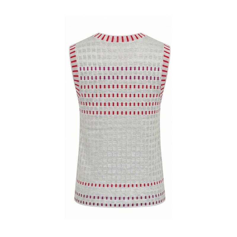 Grey silk sleeveless women's sweater vest with red striped trim