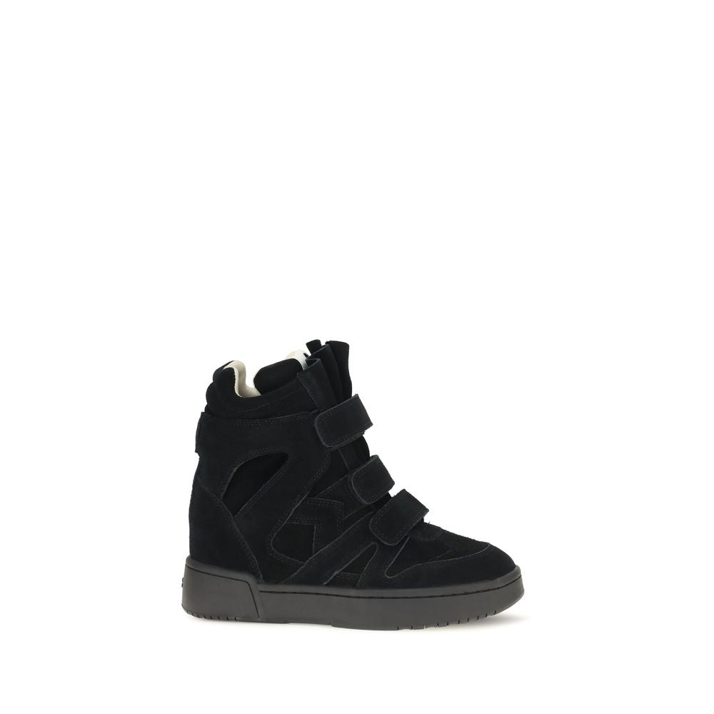 Isabel Marant black calf leather high-top wedge sneakers with velcro straps and a tonal rubber sole.