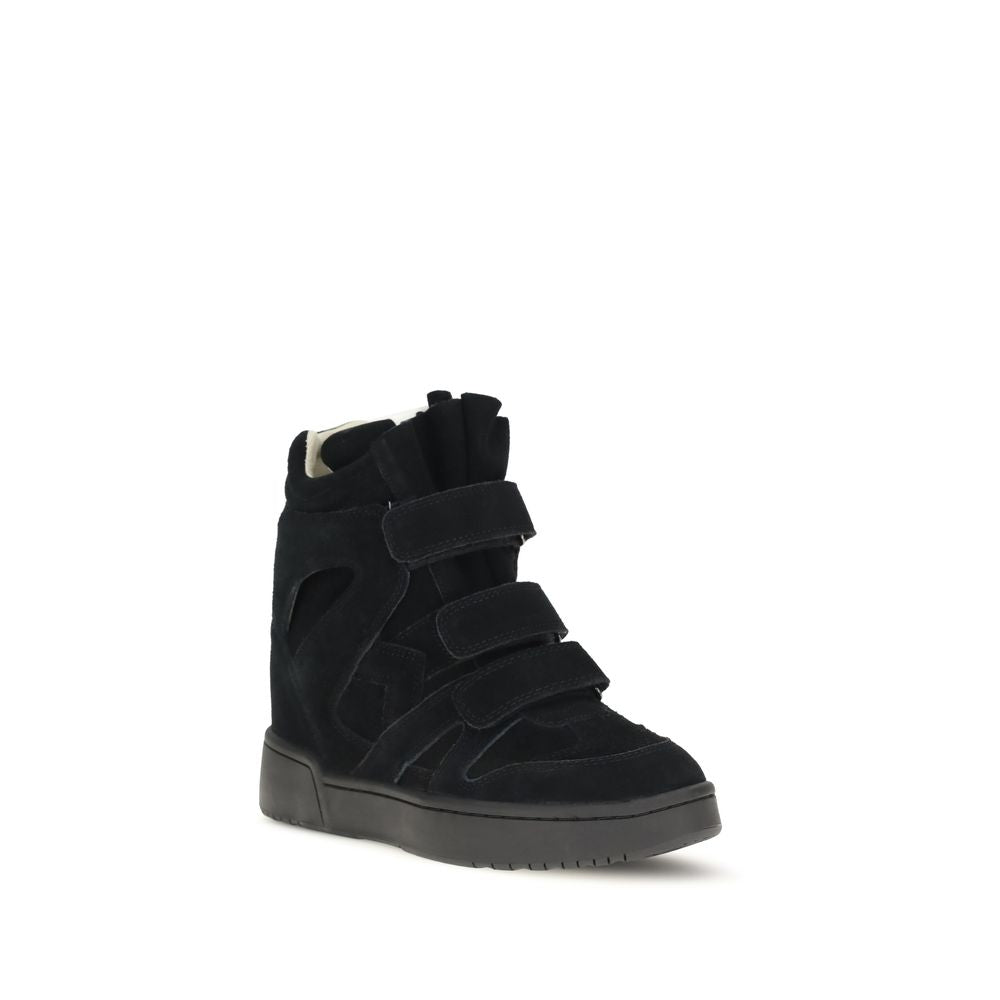 Isabel Marant black suede calf leather high-top wedge sneakers with velcro straps.