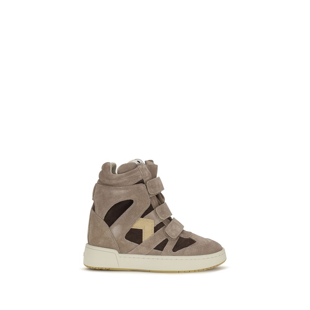 Isabel Marant beige calf leather high-top wedge sneakers with velcro straps and cutout detailing.