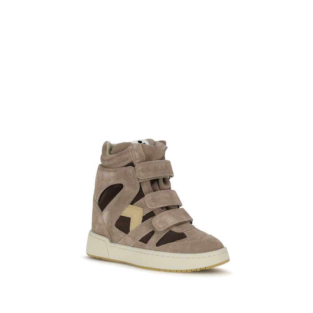 Isabel Marant beige calf leather high-top wedge sneakers with velcro straps and a white rubber sole.