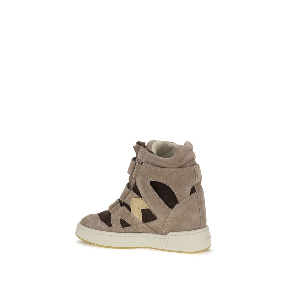 Isabel Marant beige calf leather high-top sneakers with cut-out details and velcro straps on a white rubber sole.