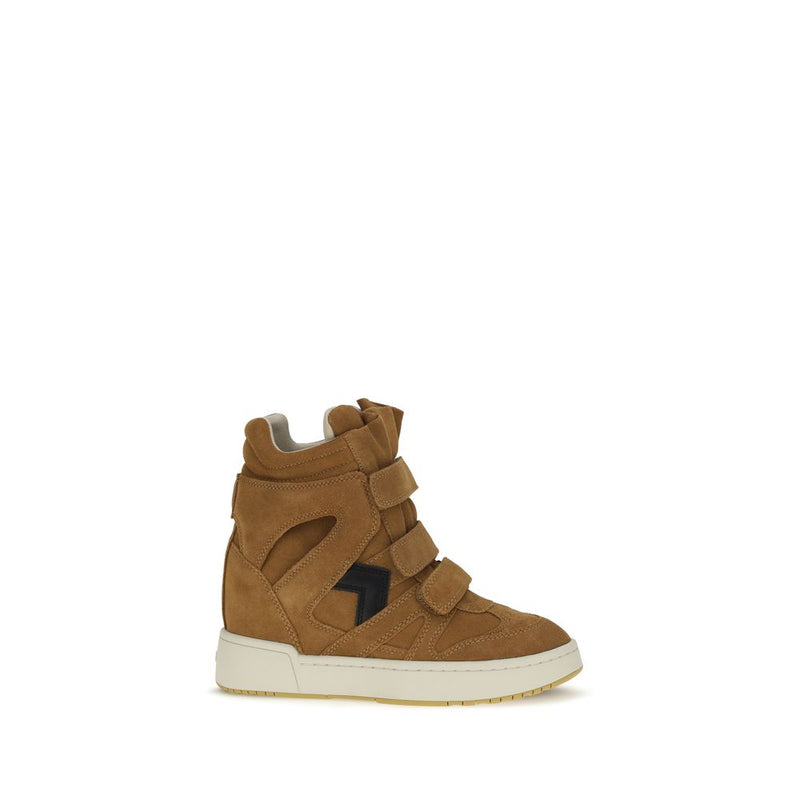 Brown calf leather high-top sneaker with wedge heel, velcro straps, and white rubber sole.