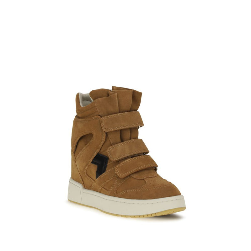 Brown calf leather high-top sneaker with wedge heel, Velcro straps, and white sole by Isabel Marant.