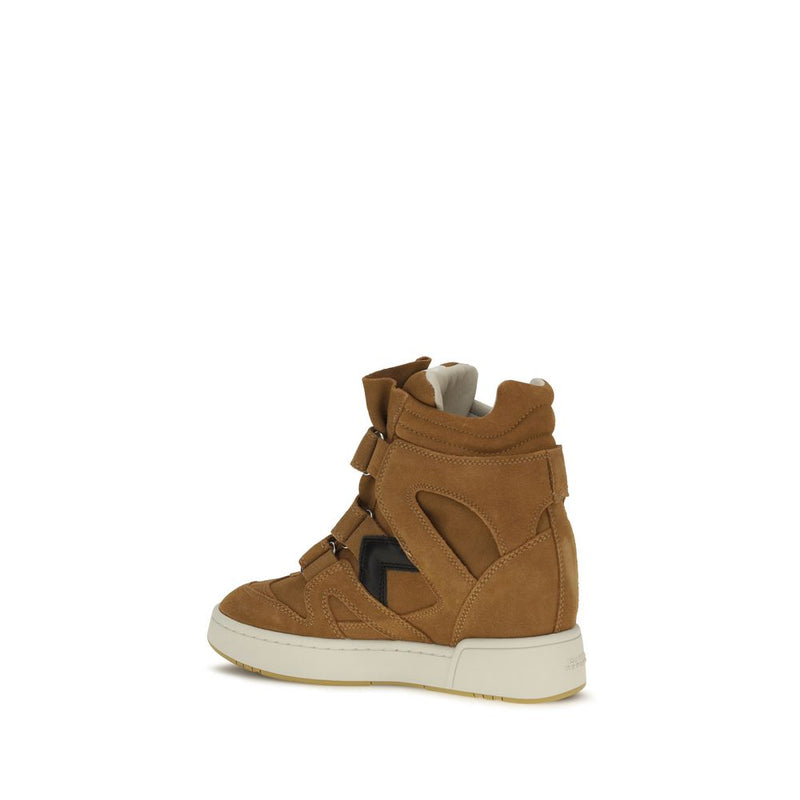 Brown calf leather high-top sneakers by Isabel Marant featuring velcro straps, a thick sole, and a sporty wedge style.
