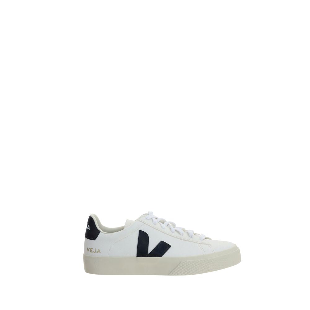 White Veja low-top sneakers in calf leather with a black side logo and a cream rubber sole.