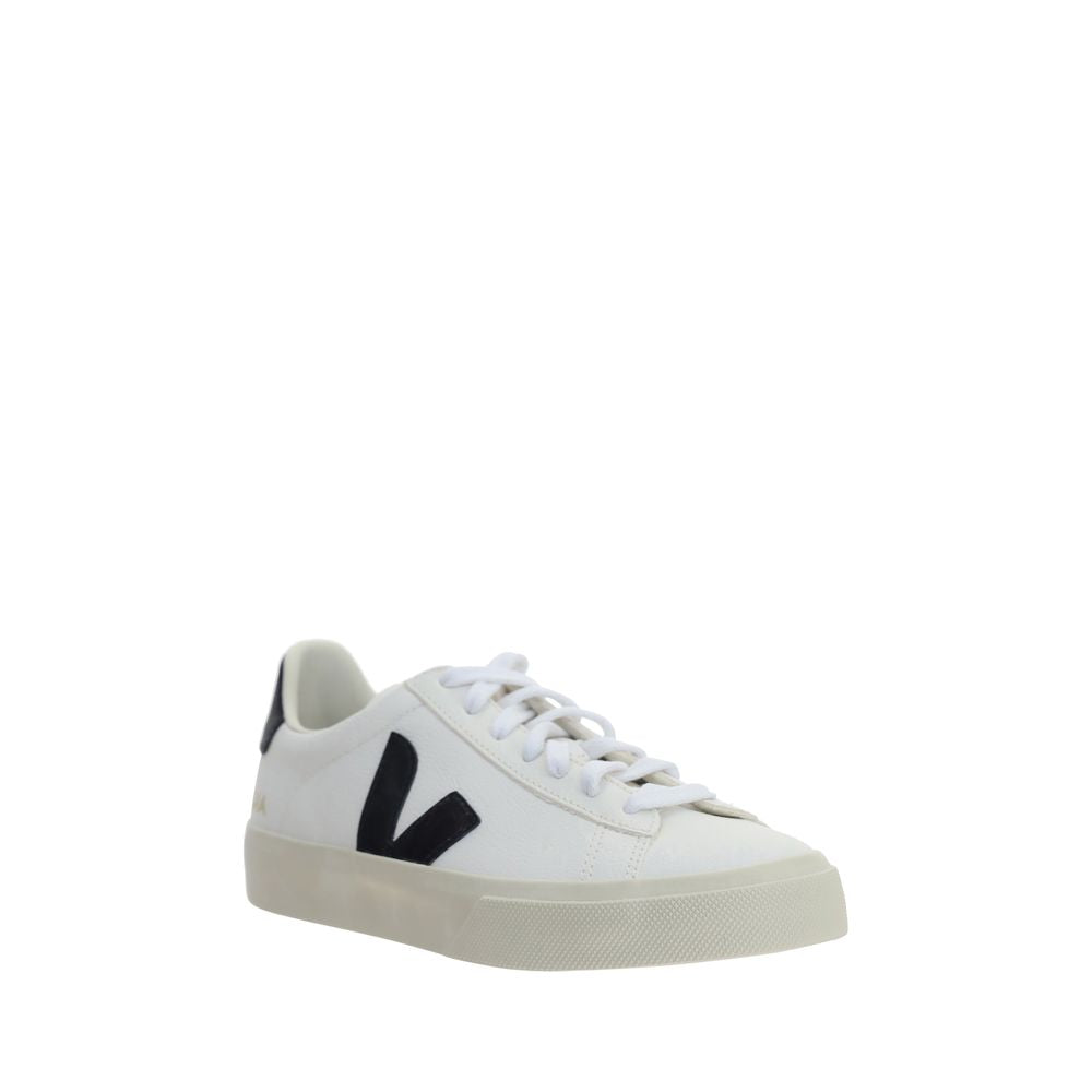 Veja white calf leather low-top sneaker with black side logo and thick off-white rubber sole.