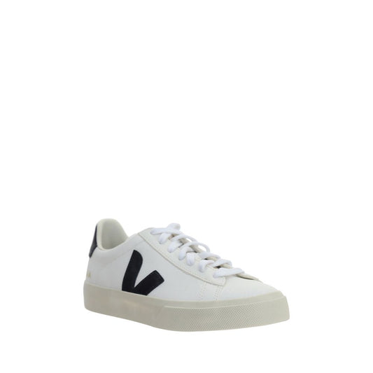 Veja white calf leather low-top sneaker with black side logo and thick off-white rubber sole.
