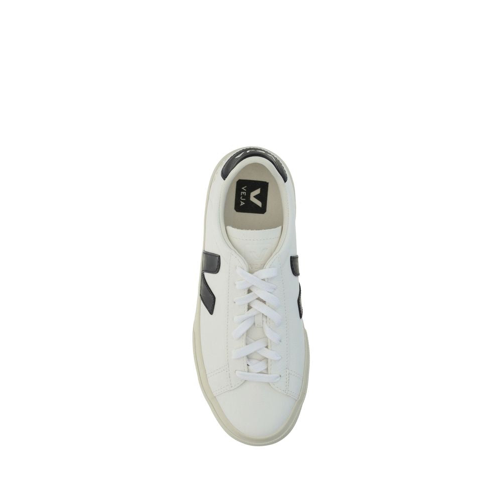 Veja white calf leather low-top sneakers with black logo detailing and white laces, shown from a top-down view.