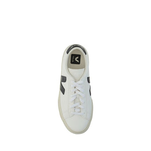 Veja white calf leather low-top sneakers with black logo detailing and white laces, shown from a top-down view.