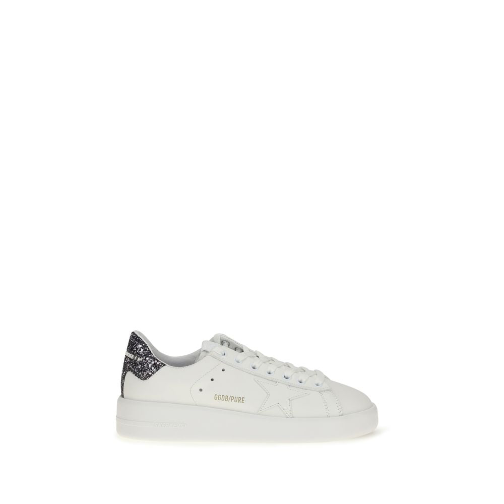 White calf leather Golden Goose low-top sneakers with a glittery black heel tab and signature star detail.