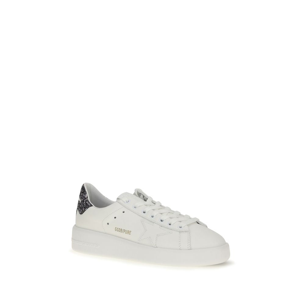 Golden Goose white calf leather low-top sneaker with glitter heel tab and embossed star detail.