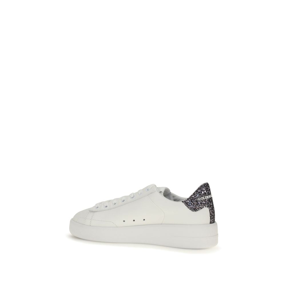 Golden Goose white calf leather low-top sneaker with glitter heel accent.