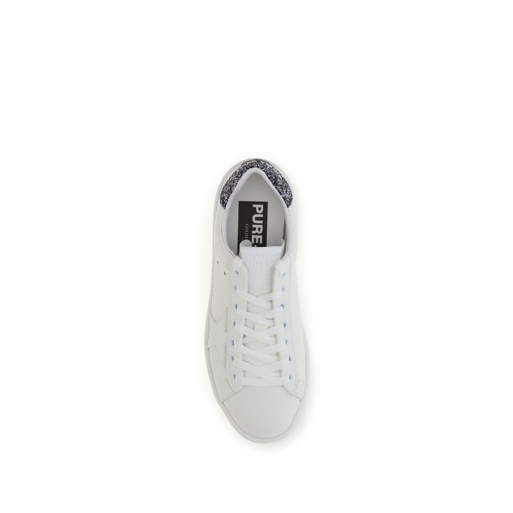 Golden Goose white calf leather low-top sneaker with glitter heel tab, shown from a top-down view.