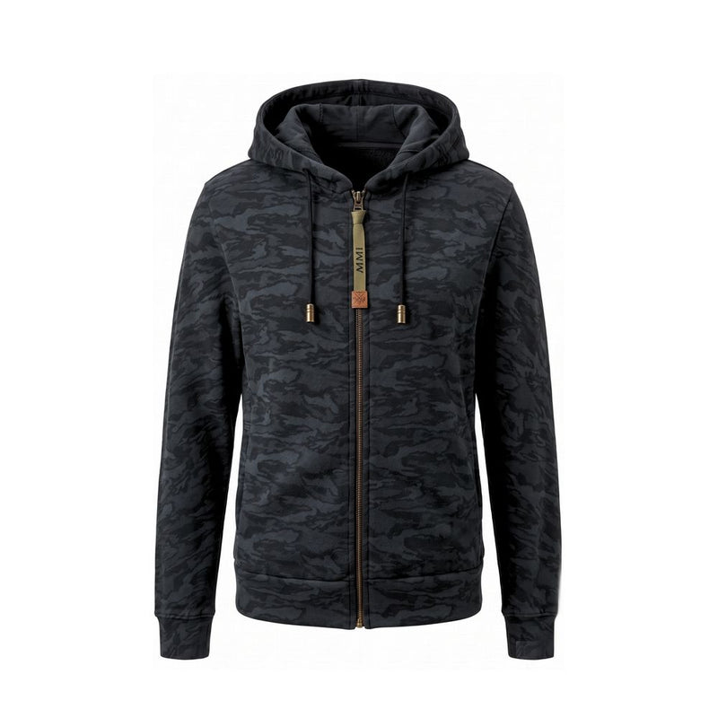 Black camouflage cotton zip-up hoodie with drawstring and metal hardware