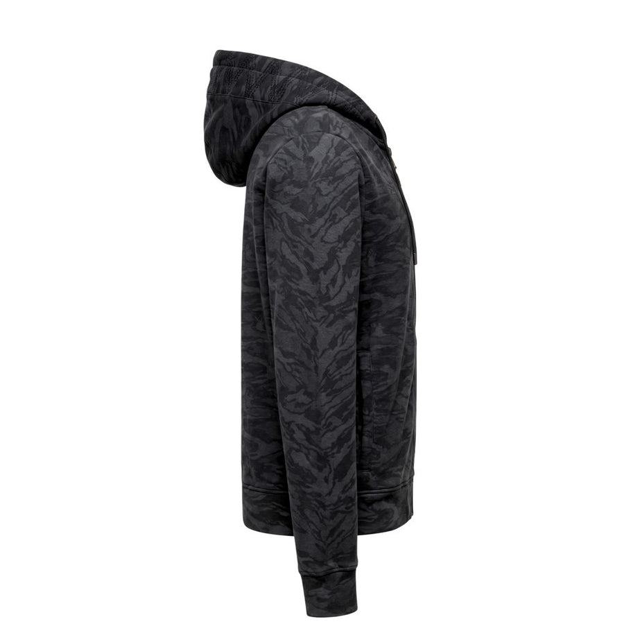 Black camouflage cotton zip-up hoodie with drawstring and metal hardware