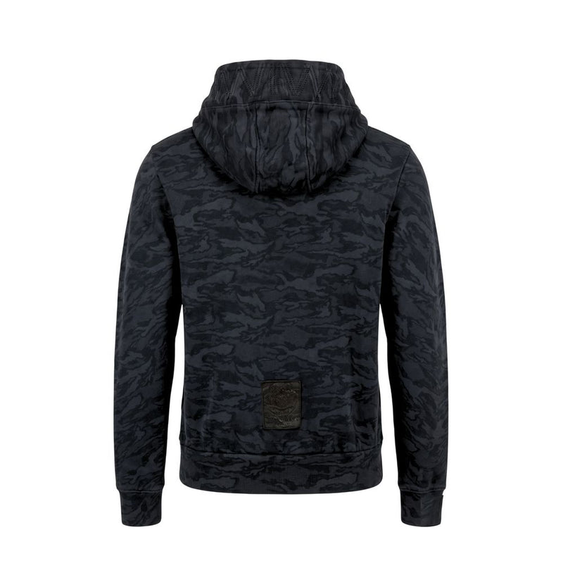 Back view of a black camo print cotton women's hoodie with a logo patch