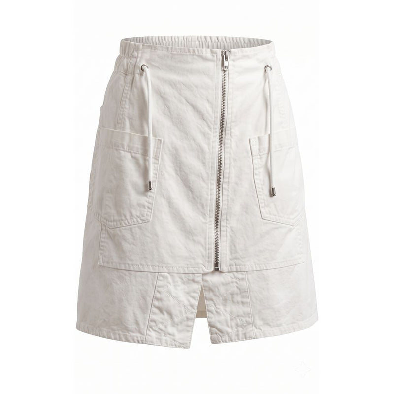 White cotton utility skirt with a front zipper, drawstring waist, and large patch pockets