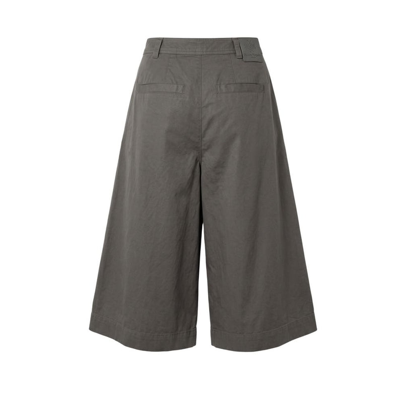 Grey cotton wide-leg women's shorts with a structured waistband and back pockets