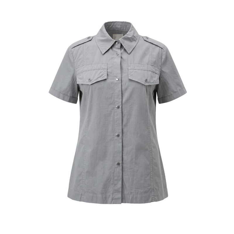 Grey cotton short sleeve utility shirt with front pockets and snap buttons