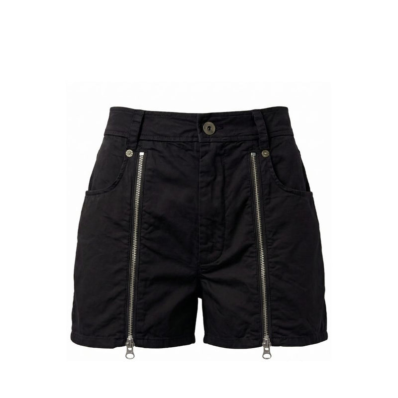 Black cotton women shorts with vertical front zippers and metal button closure