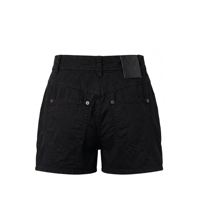 Black cotton women's casual shorts with back pockets and a logo patch