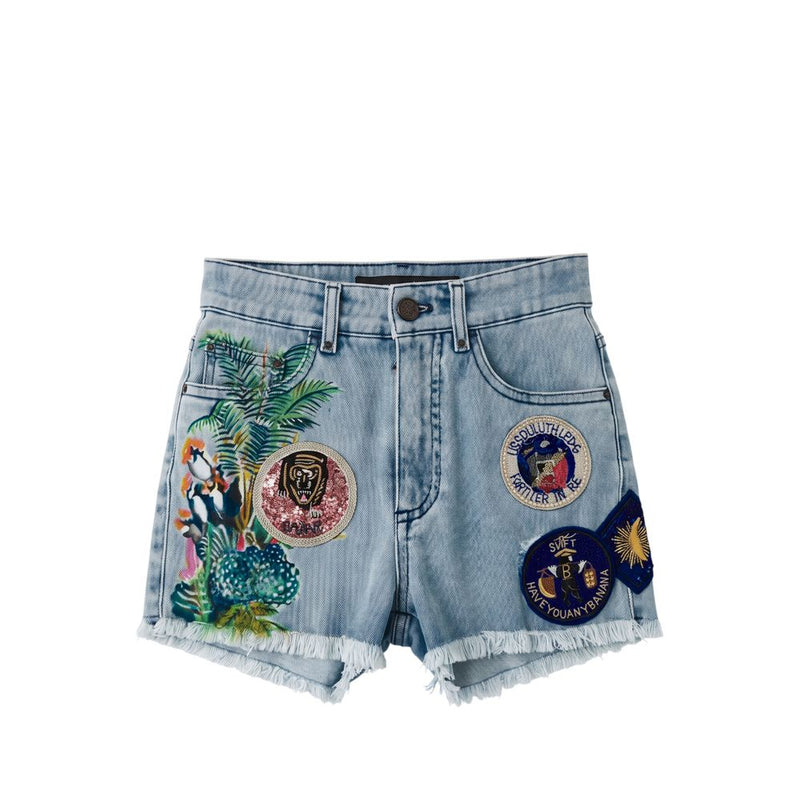 Light blue denim shorts with frayed hems and colorful embroidered patches