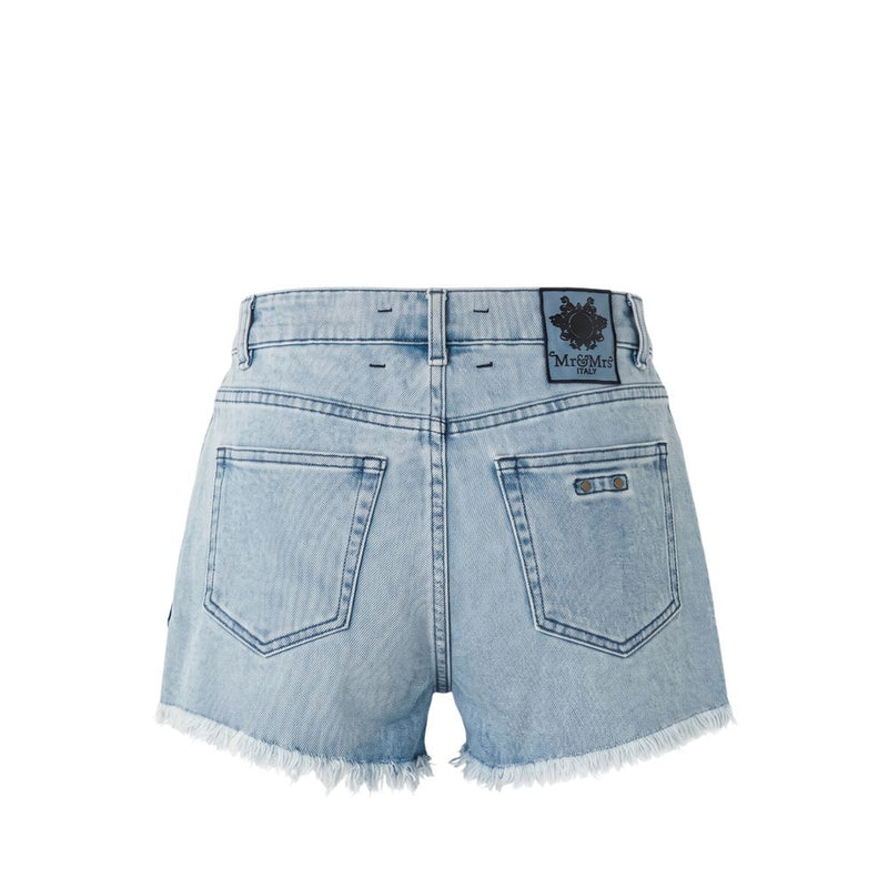 Light blue cotton denim shorts with raw frayed hems and back pockets