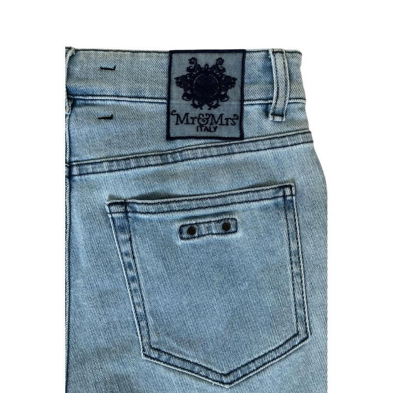 Light blue cotton denim shorts with back pocket and logo patch
