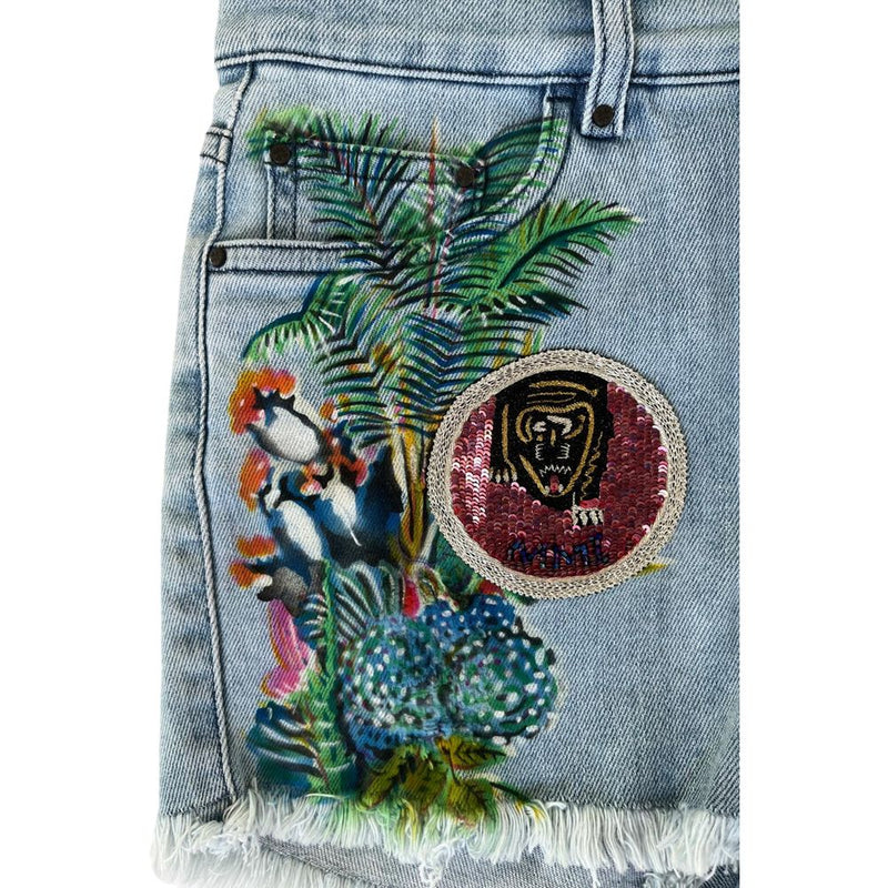 Blue cotton denim shorts with tropical painted graphics and sequin patch