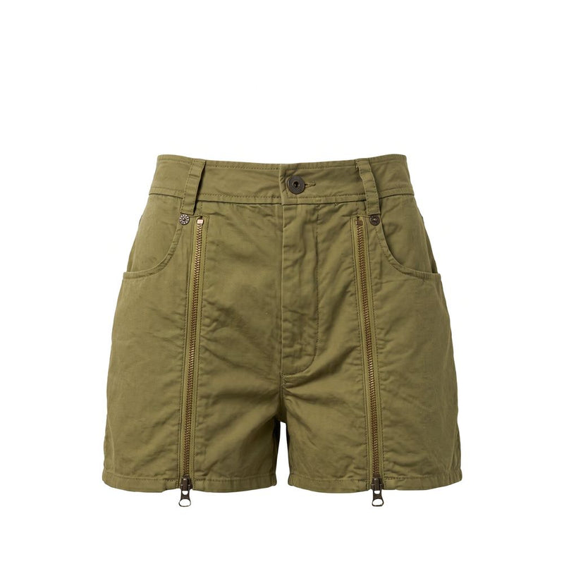 Green cotton women shorts with front vertical zippers and button closure