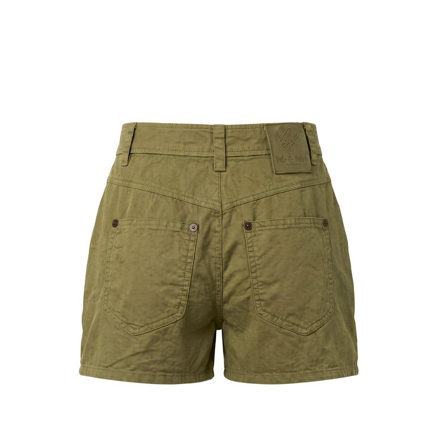 Green cotton women shorts with front vertical zippers and button closure