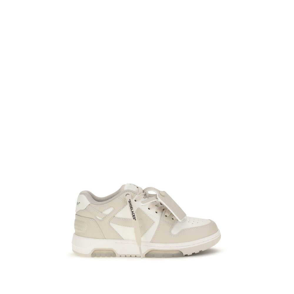 Off-White low-top sneaker in white and light beige leather with signature branding and lace tag.
