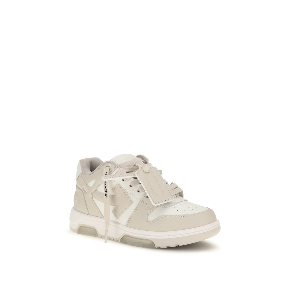 Off-White Out of Office sneakers in white and beige leather with signature zip-tie tag and arrow logo.