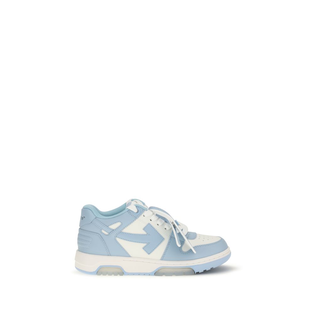 Off-White low-top sneaker in powder blue and white leather with an arrow logo patch and a rubber sole.
