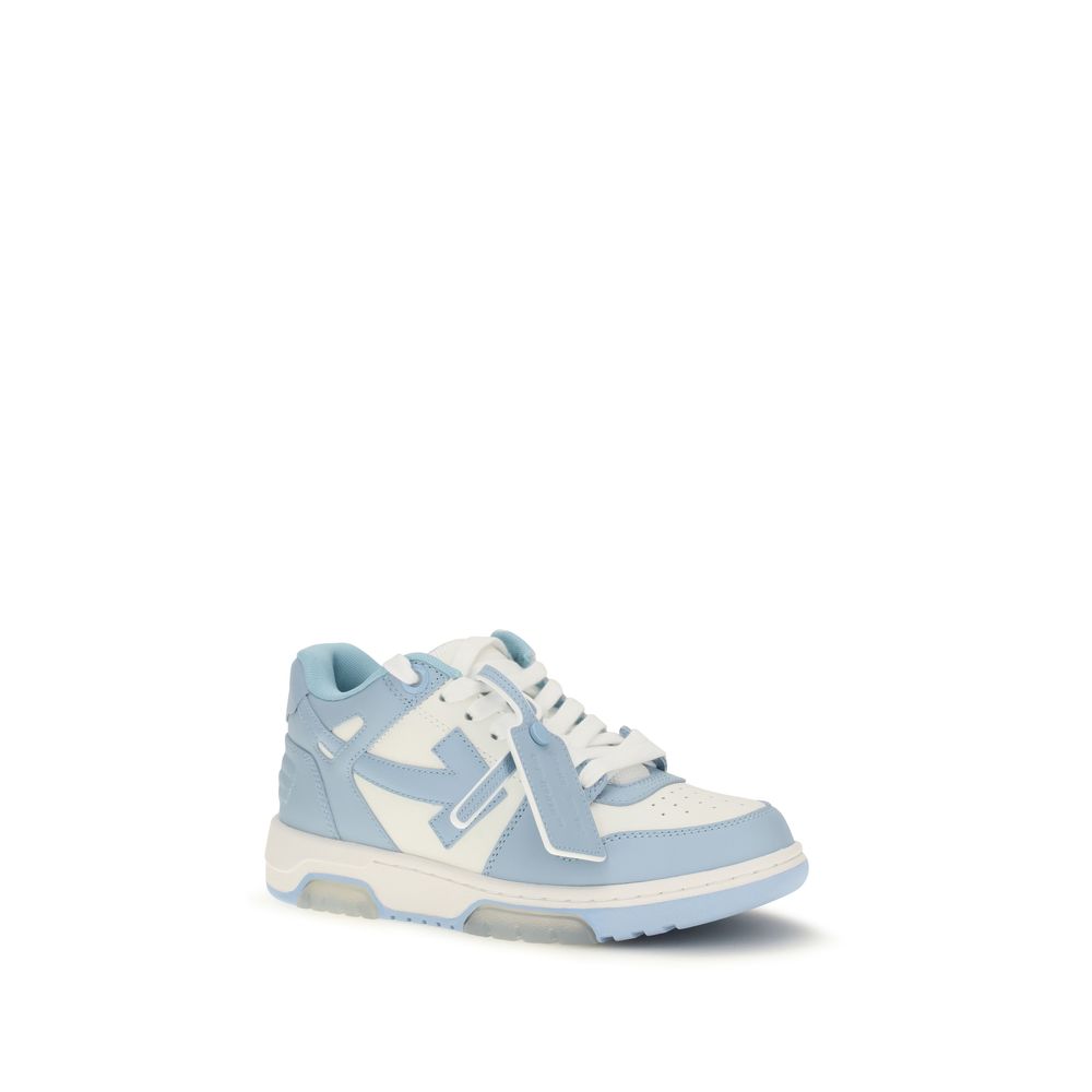 Off-White Out of Office sneaker in pastel blue and white leather with signature side arrow logo and zip tie tag.