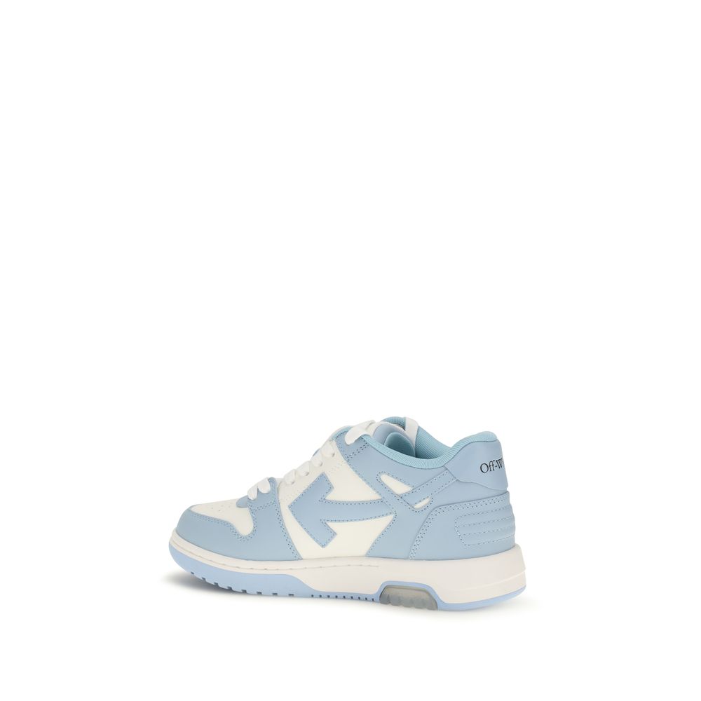 Off-White Out of Office sneaker in white and pastel blue leather, featuring the signature side arrow logo.